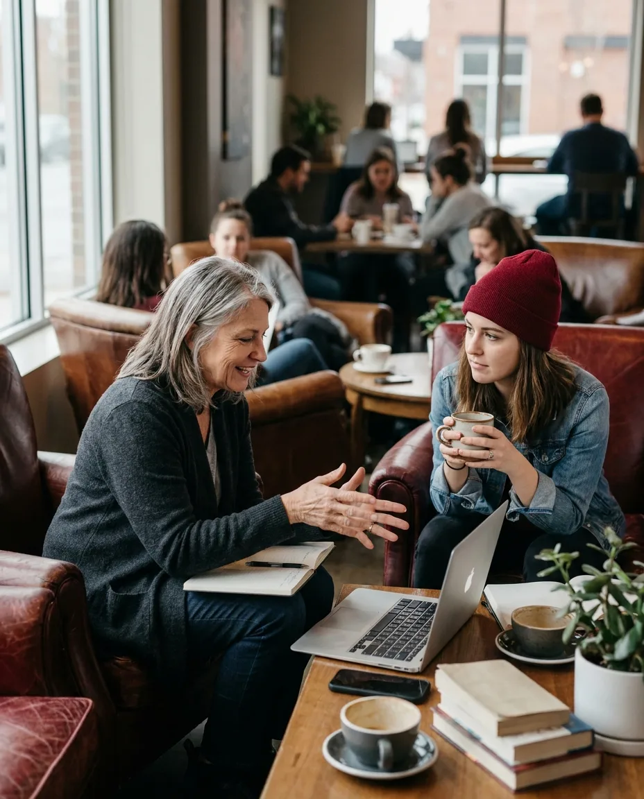 A mentor and student in conversation over coffee