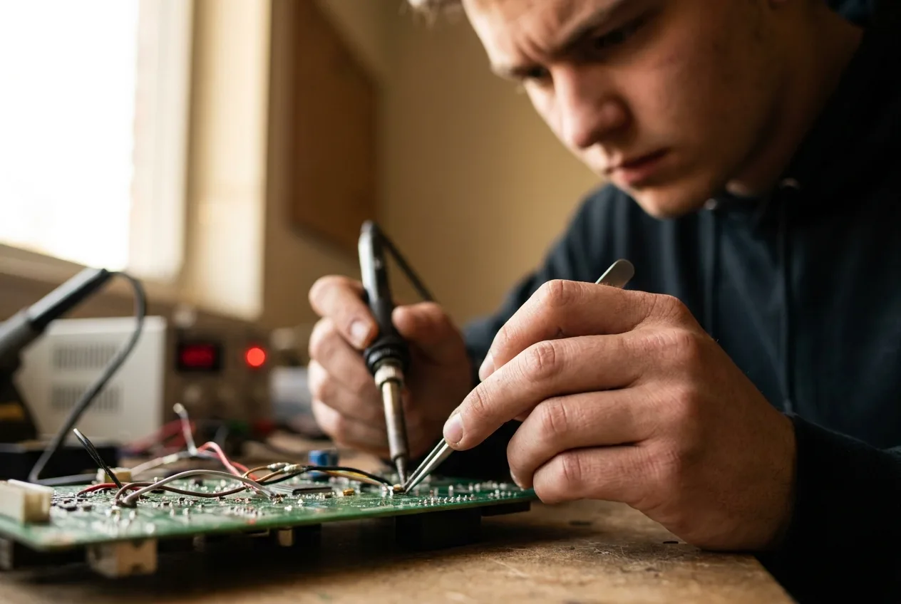 A STEM student soldering a circuit board